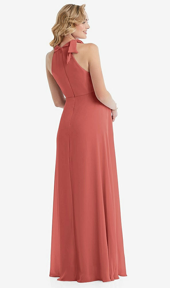 Back View - Coral Pink Scarf Tie High Neck Halter Chiffon Maternity Dress