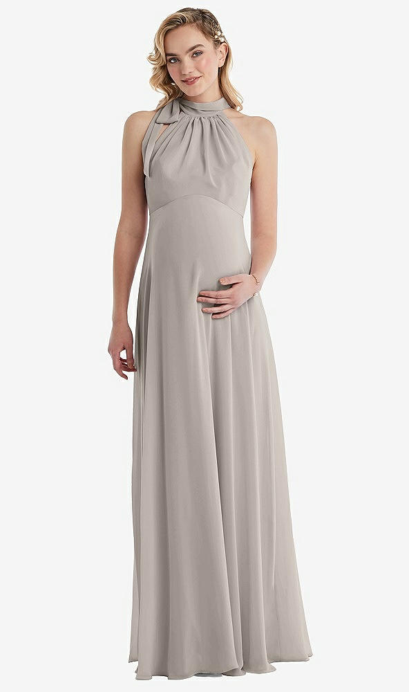 Front View - Taupe Scarf Tie High Neck Halter Chiffon Maternity Dress