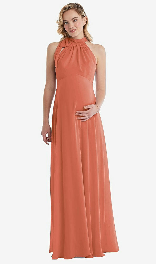 Front View - Terracotta Copper Scarf Tie High Neck Halter Chiffon Maternity Dress