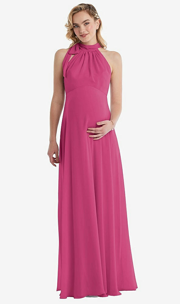 Front View - Tea Rose Scarf Tie High Neck Halter Chiffon Maternity Dress