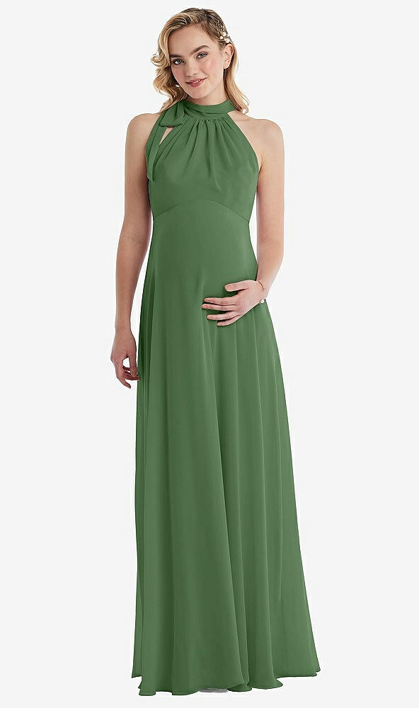 Front View - Vineyard Green Scarf Tie High Neck Halter Chiffon Maternity Dress