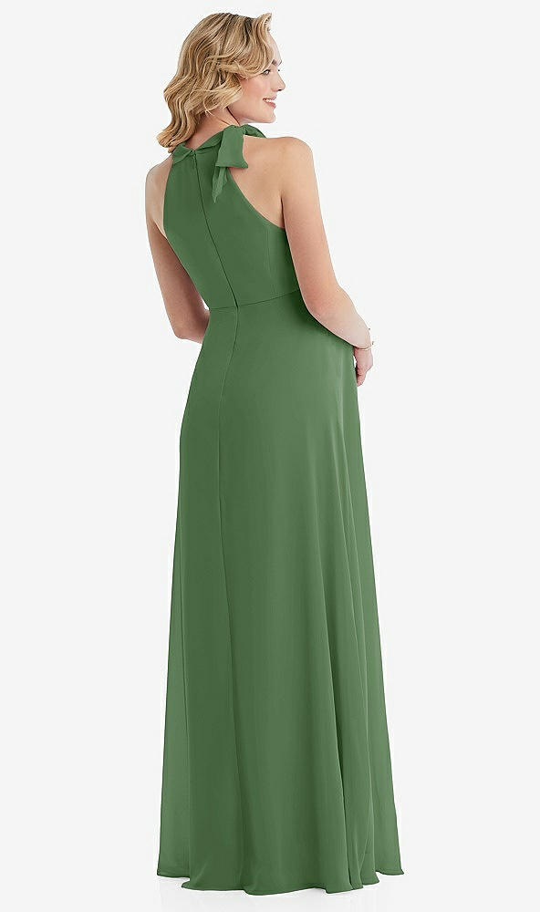 Back View - Vineyard Green Scarf Tie High Neck Halter Chiffon Maternity Dress