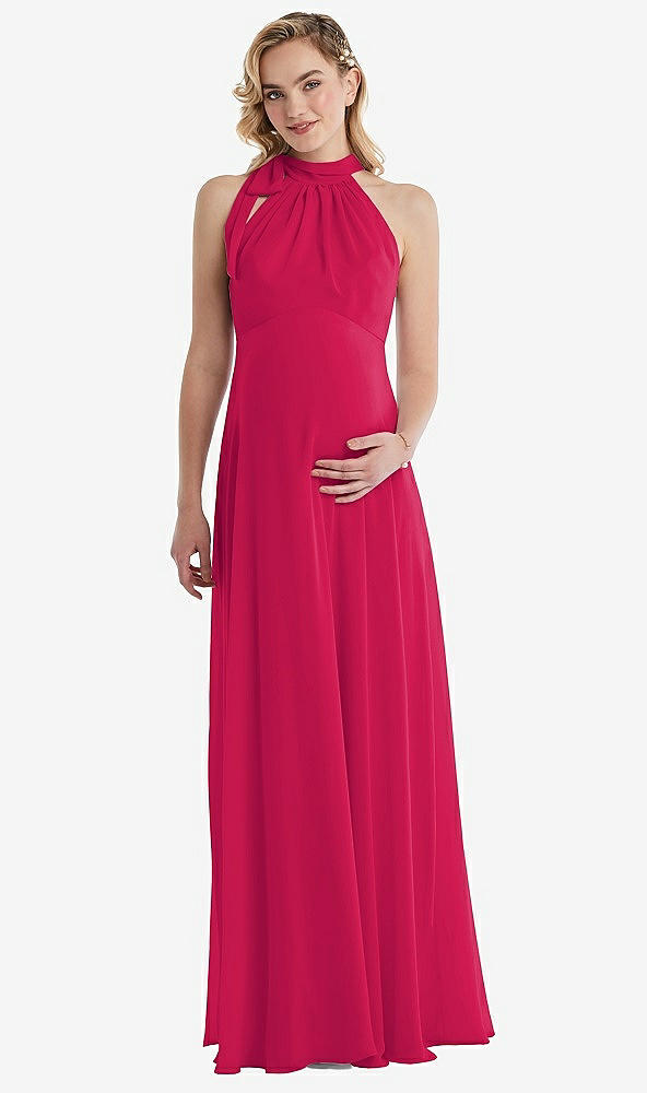 Front View - Vivid Pink Scarf Tie High Neck Halter Chiffon Maternity Dress