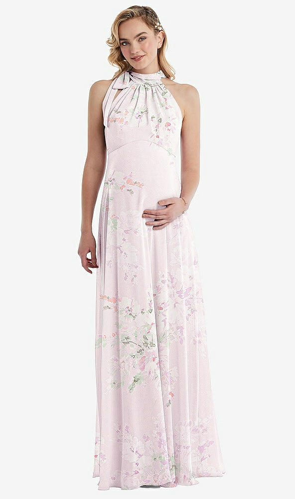 Front View - Watercolor Print Scarf Tie High Neck Halter Chiffon Maternity Dress