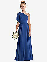 Front View Thumbnail - Classic Blue One-Shoulder Scarf Bow Chiffon Junior Bridesmaid Dress