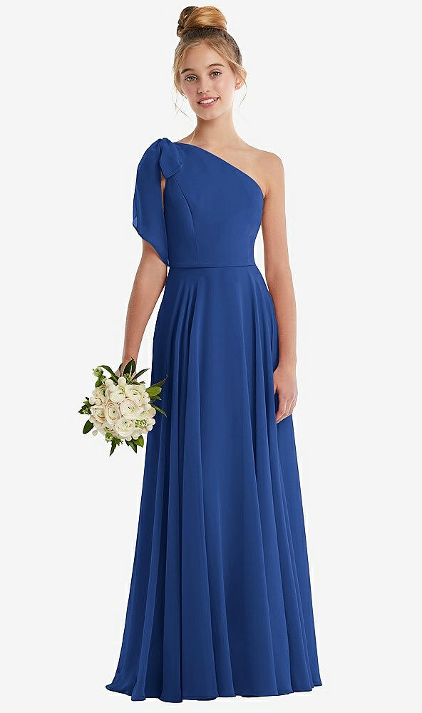 Front View - Classic Blue One-Shoulder Scarf Bow Chiffon Junior Bridesmaid Dress