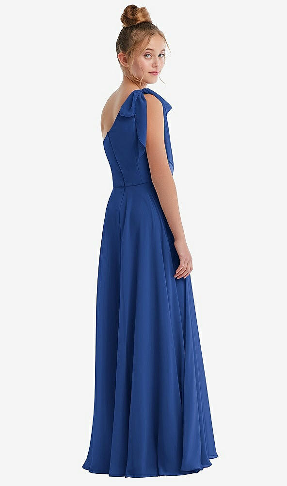 Back View - Classic Blue One-Shoulder Scarf Bow Chiffon Junior Bridesmaid Dress