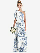 Front View Thumbnail - Cottage Rose Dusk Blue One-Shoulder Scarf Bow Chiffon Junior Bridesmaid Dress
