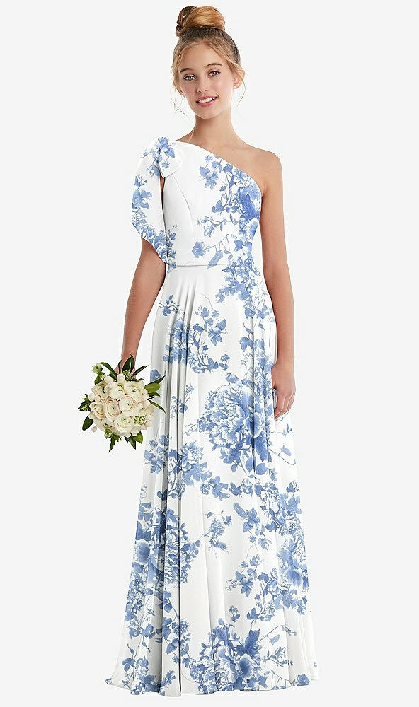 Front View - Cottage Rose Dusk Blue One-Shoulder Scarf Bow Chiffon Junior Bridesmaid Dress