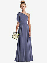 Front View Thumbnail - French Blue One-Shoulder Scarf Bow Chiffon Junior Bridesmaid Dress