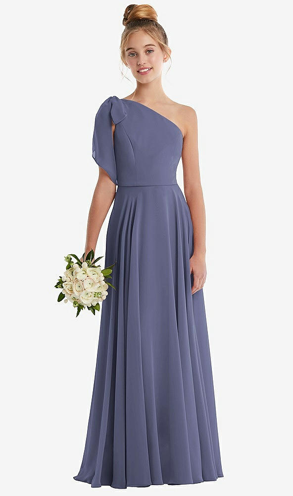 Front View - French Blue One-Shoulder Scarf Bow Chiffon Junior Bridesmaid Dress