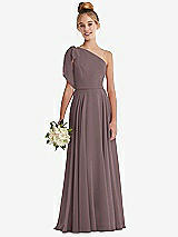 Front View Thumbnail - French Truffle One-Shoulder Scarf Bow Chiffon Junior Bridesmaid Dress
