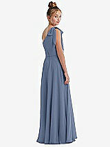 Rear View Thumbnail - Larkspur Blue One-Shoulder Scarf Bow Chiffon Junior Bridesmaid Dress