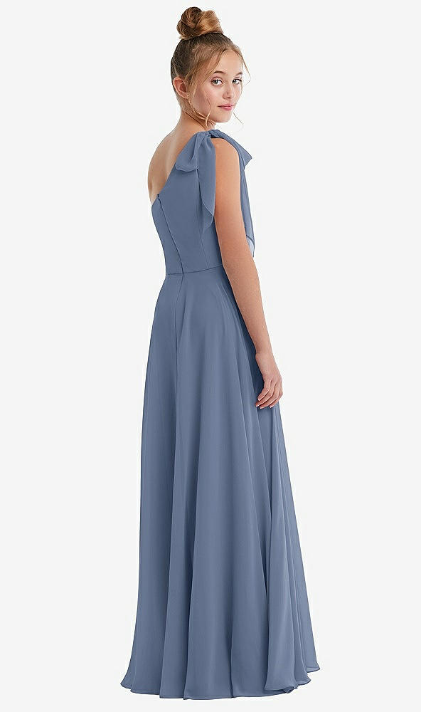Back View - Larkspur Blue One-Shoulder Scarf Bow Chiffon Junior Bridesmaid Dress