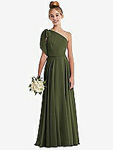 Front View Thumbnail - Olive Green One-Shoulder Scarf Bow Chiffon Junior Bridesmaid Dress