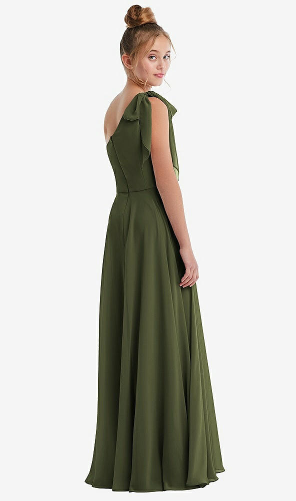 Back View - Olive Green One-Shoulder Scarf Bow Chiffon Junior Bridesmaid Dress