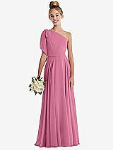 Front View Thumbnail - Orchid Pink One-Shoulder Scarf Bow Chiffon Junior Bridesmaid Dress