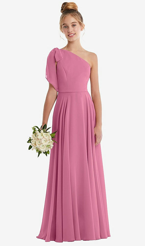 Front View - Orchid Pink One-Shoulder Scarf Bow Chiffon Junior Bridesmaid Dress