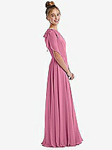 Side View Thumbnail - Orchid Pink One-Shoulder Scarf Bow Chiffon Junior Bridesmaid Dress