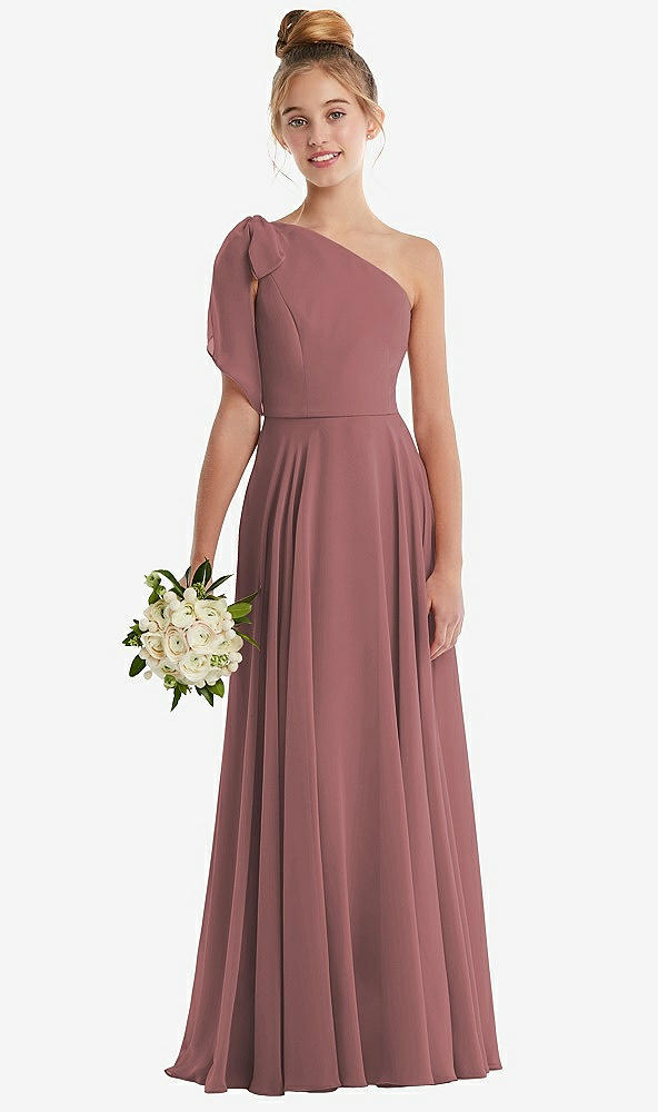 Front View - Rosewood One-Shoulder Scarf Bow Chiffon Junior Bridesmaid Dress