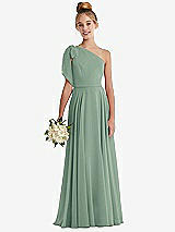 Front View Thumbnail - Seagrass One-Shoulder Scarf Bow Chiffon Junior Bridesmaid Dress