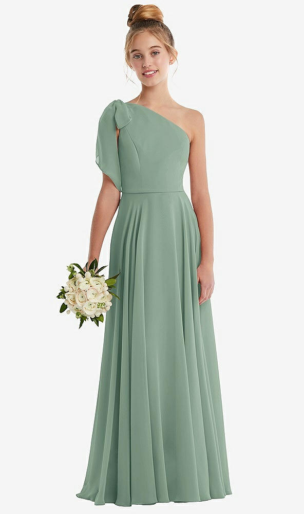 Front View - Seagrass One-Shoulder Scarf Bow Chiffon Junior Bridesmaid Dress