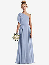 Front View Thumbnail - Sky Blue One-Shoulder Scarf Bow Chiffon Junior Bridesmaid Dress
