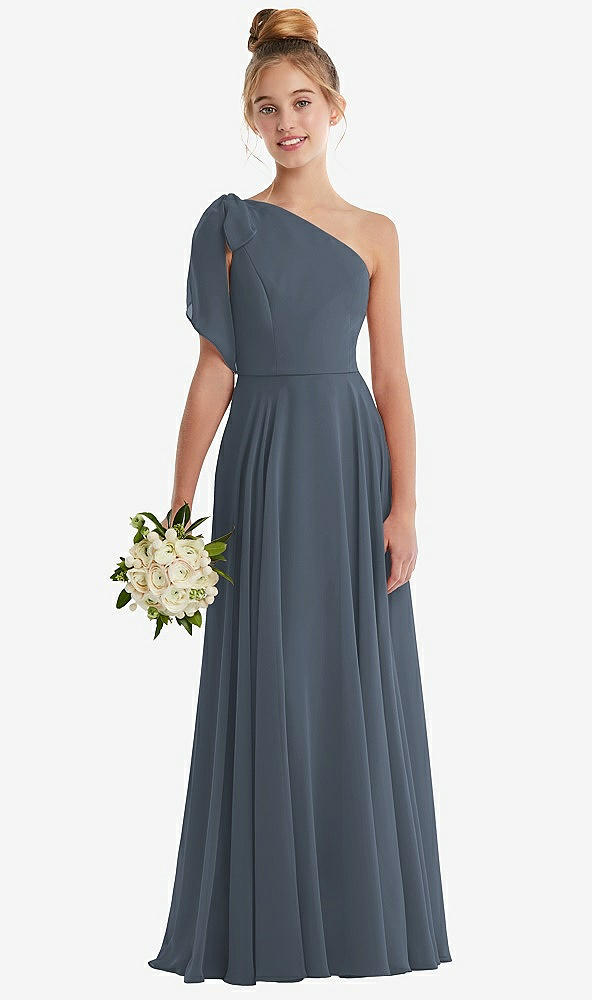 Front View - Silverstone One-Shoulder Scarf Bow Chiffon Junior Bridesmaid Dress