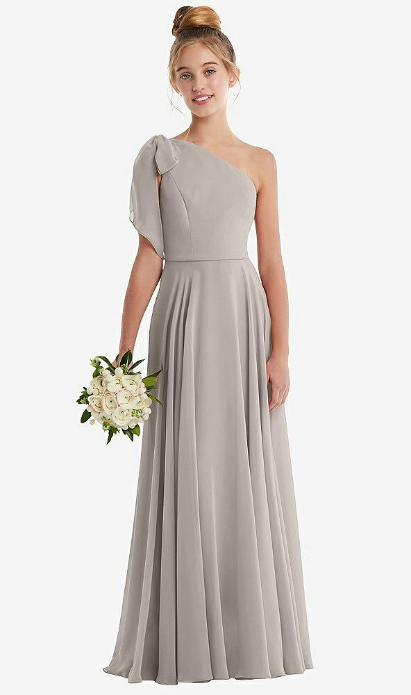 Front View - Taupe One-Shoulder Scarf Bow Chiffon Junior Bridesmaid Dress