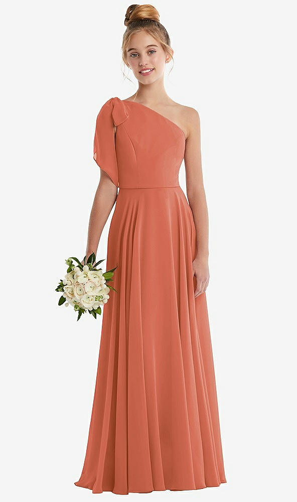 Front View - Terracotta Copper One-Shoulder Scarf Bow Chiffon Junior Bridesmaid Dress