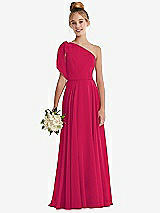 Front View Thumbnail - Vivid Pink One-Shoulder Scarf Bow Chiffon Junior Bridesmaid Dress