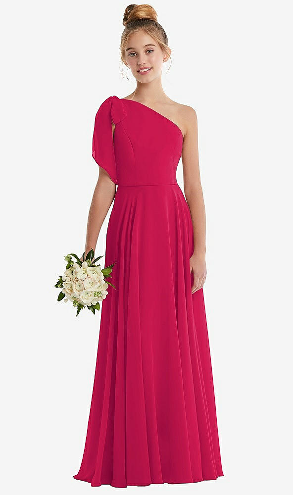 Front View - Vivid Pink One-Shoulder Scarf Bow Chiffon Junior Bridesmaid Dress
