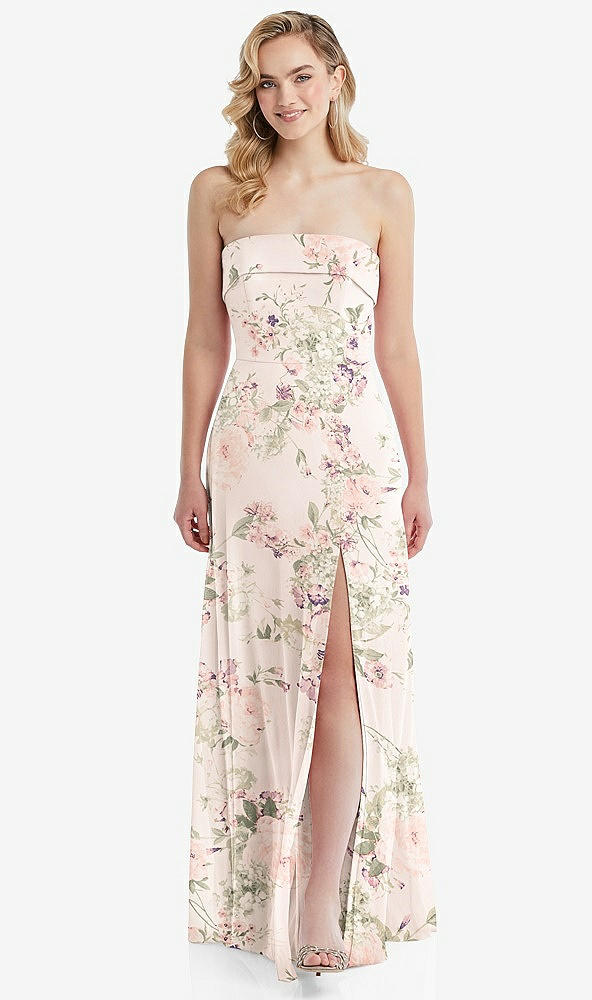 Front View - Blush Garden Cuffed Strapless Maxi Dress with Front Slit