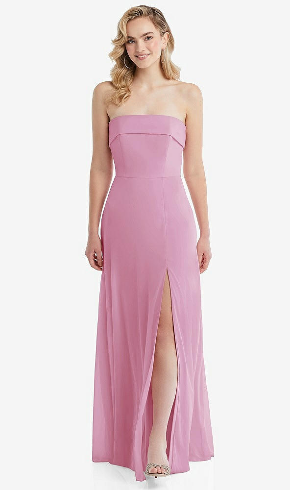 Front View - Powder Pink Cuffed Strapless Maxi Dress with Front Slit