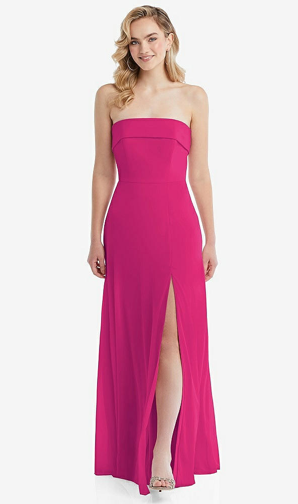 Front View - Think Pink Cuffed Strapless Maxi Dress with Front Slit