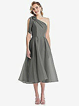 Front View Thumbnail - Charcoal Gray Scarf-Tie One-Shoulder Organdy Midi Dress 