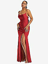 Alt View 1 Thumbnail - Poppy Red Cowl-Neck Open Tie-Back Stretch Satin Mermaid Dress with Slight Train