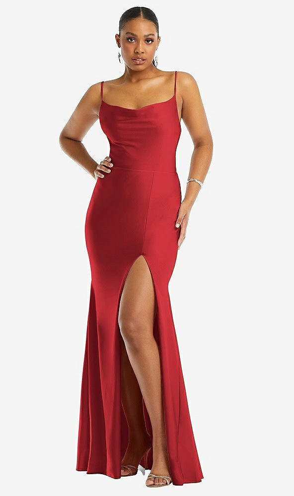 Front View - Poppy Red Cowl-Neck Open Tie-Back Stretch Satin Mermaid Dress with Slight Train