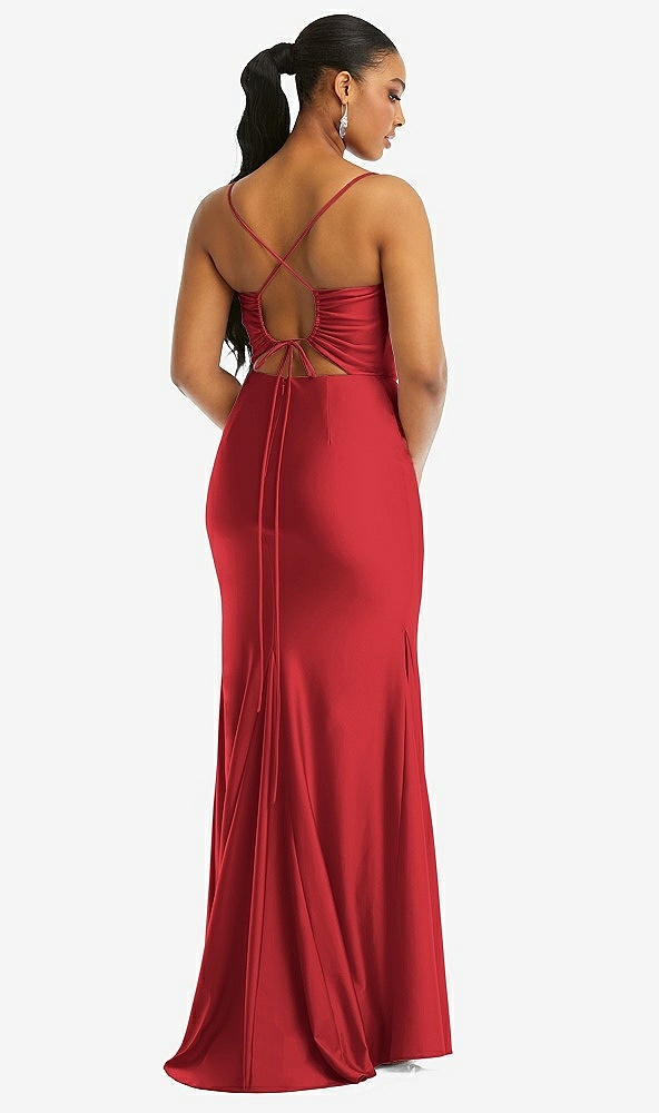 Back View - Poppy Red Cowl-Neck Open Tie-Back Stretch Satin Mermaid Dress with Slight Train