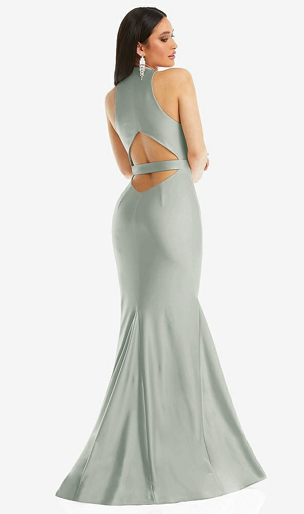 Back View - Willow Green Plunge Neckline Cutout Low Back Stretch Satin Mermaid Dress