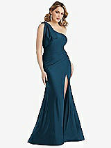 Front View Thumbnail - Atlantic Blue Cascading Bow One-Shoulder Stretch Satin Mermaid Dress with Slight Train