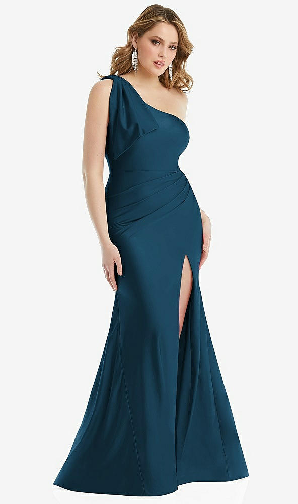 Front View - Atlantic Blue Cascading Bow One-Shoulder Stretch Satin Mermaid Dress with Slight Train