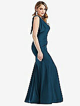 Side View Thumbnail - Atlantic Blue Cascading Bow One-Shoulder Stretch Satin Mermaid Dress with Slight Train