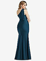 Rear View Thumbnail - Atlantic Blue Cascading Bow One-Shoulder Stretch Satin Mermaid Dress with Slight Train