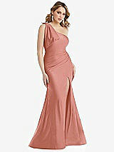 Front View Thumbnail - Desert Rose Cascading Bow One-Shoulder Stretch Satin Mermaid Dress with Slight Train