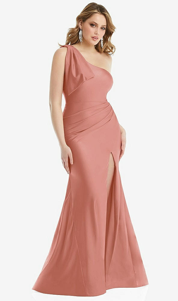 Front View - Desert Rose Cascading Bow One-Shoulder Stretch Satin Mermaid Dress with Slight Train