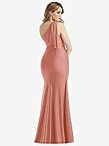 Rear View Thumbnail - Desert Rose Cascading Bow One-Shoulder Stretch Satin Mermaid Dress with Slight Train