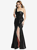 Front View Thumbnail - Black One-Shoulder Bustier Stretch Satin Mermaid Dress with Cascade Ruffle