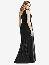Rear View Thumbnail - Black One-Shoulder Bustier Stretch Satin Mermaid Dress with Cascade Ruffle
