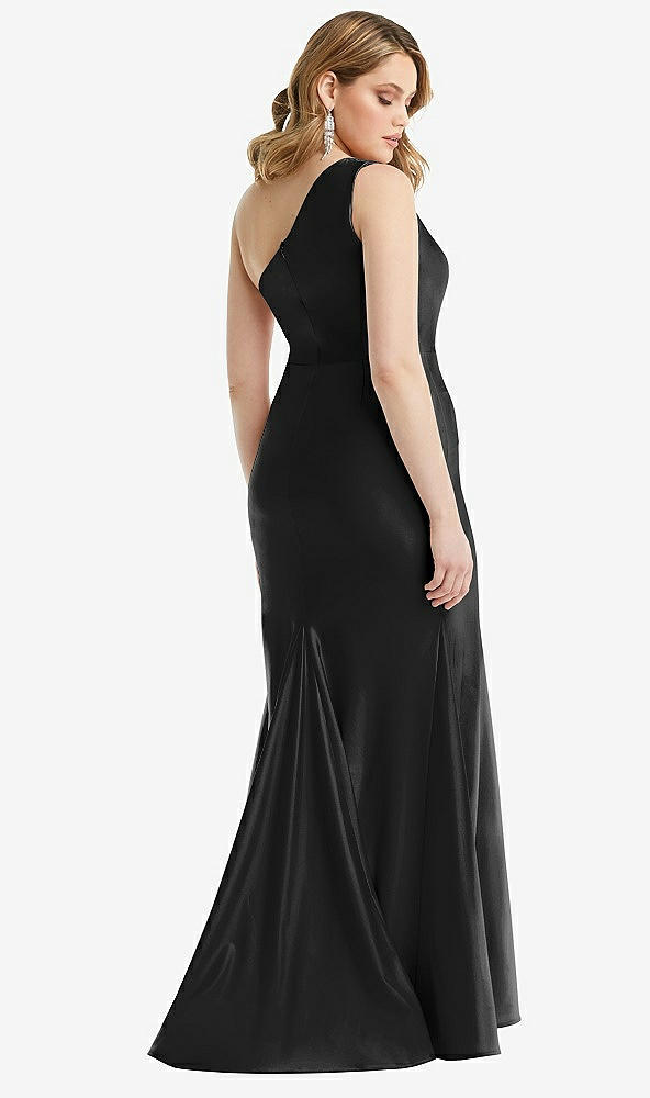 Back View - Black One-Shoulder Bustier Stretch Satin Mermaid Dress with Cascade Ruffle